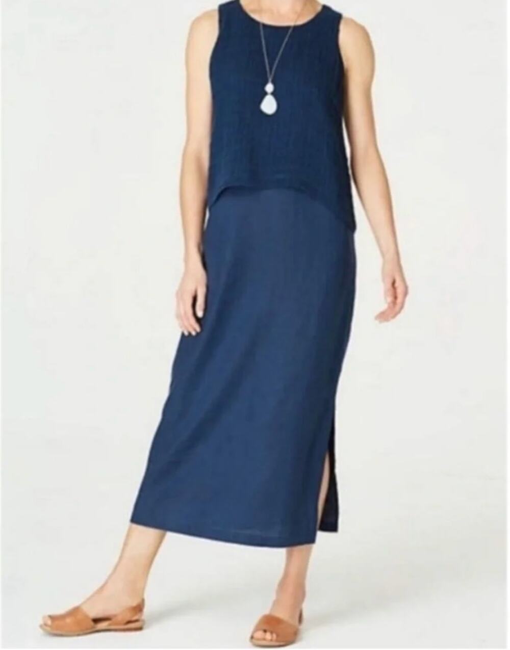 Pure J. Jill Linen Midi Dress Womens 2X Batik Blue Layered Lagenlook Sleeveless